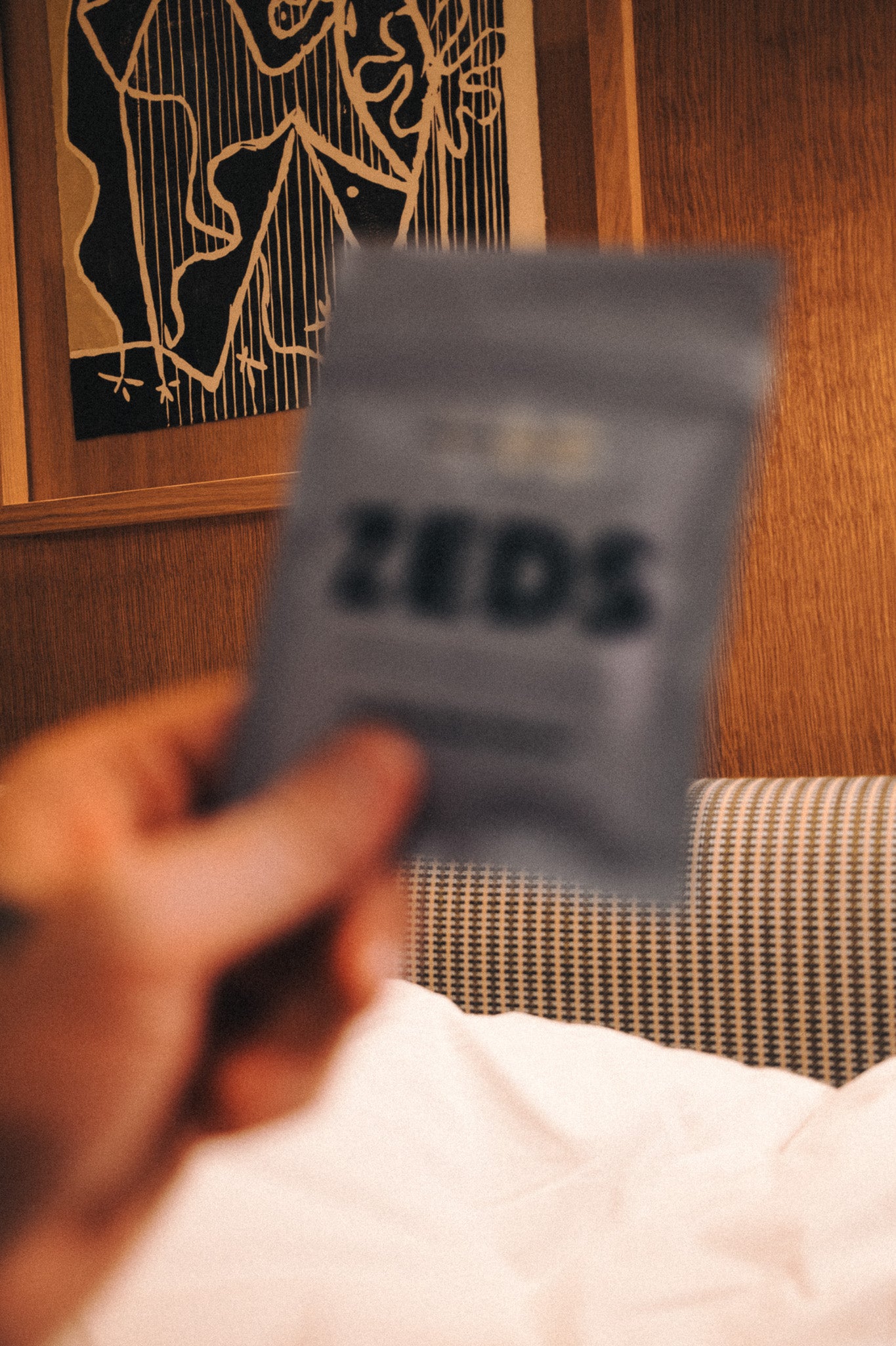 A hand holding the ZEDS pouch in bed, linen sheets visible, framed line-art print on the wall behind