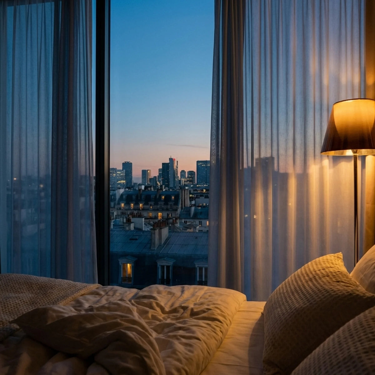A Paris bedroom window at dusk, warm lamp glowing, city skyline beyond