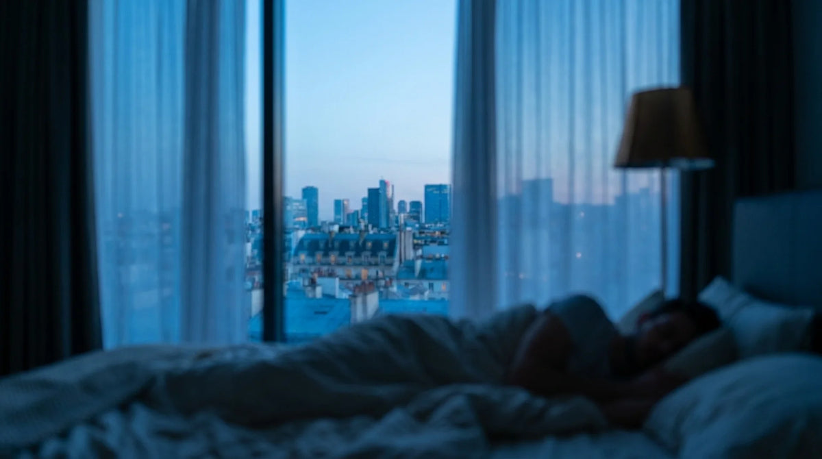 A man sleeping out of focus, Paris skyline at blue hour through the window beyond