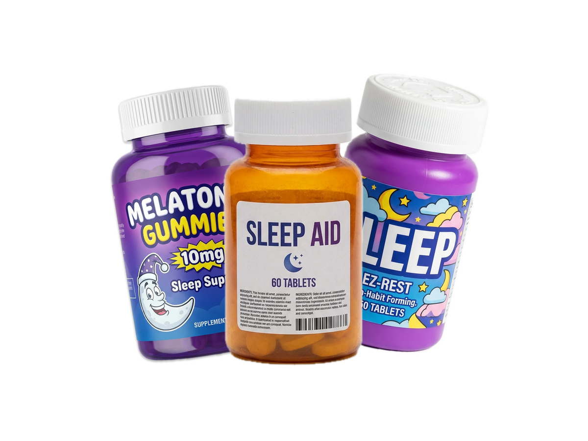 Three competitor sleep supplement bottles, side by side